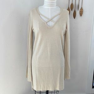 Free People V Neckline Cream Sweater Dress with‎ Bell Sleeves